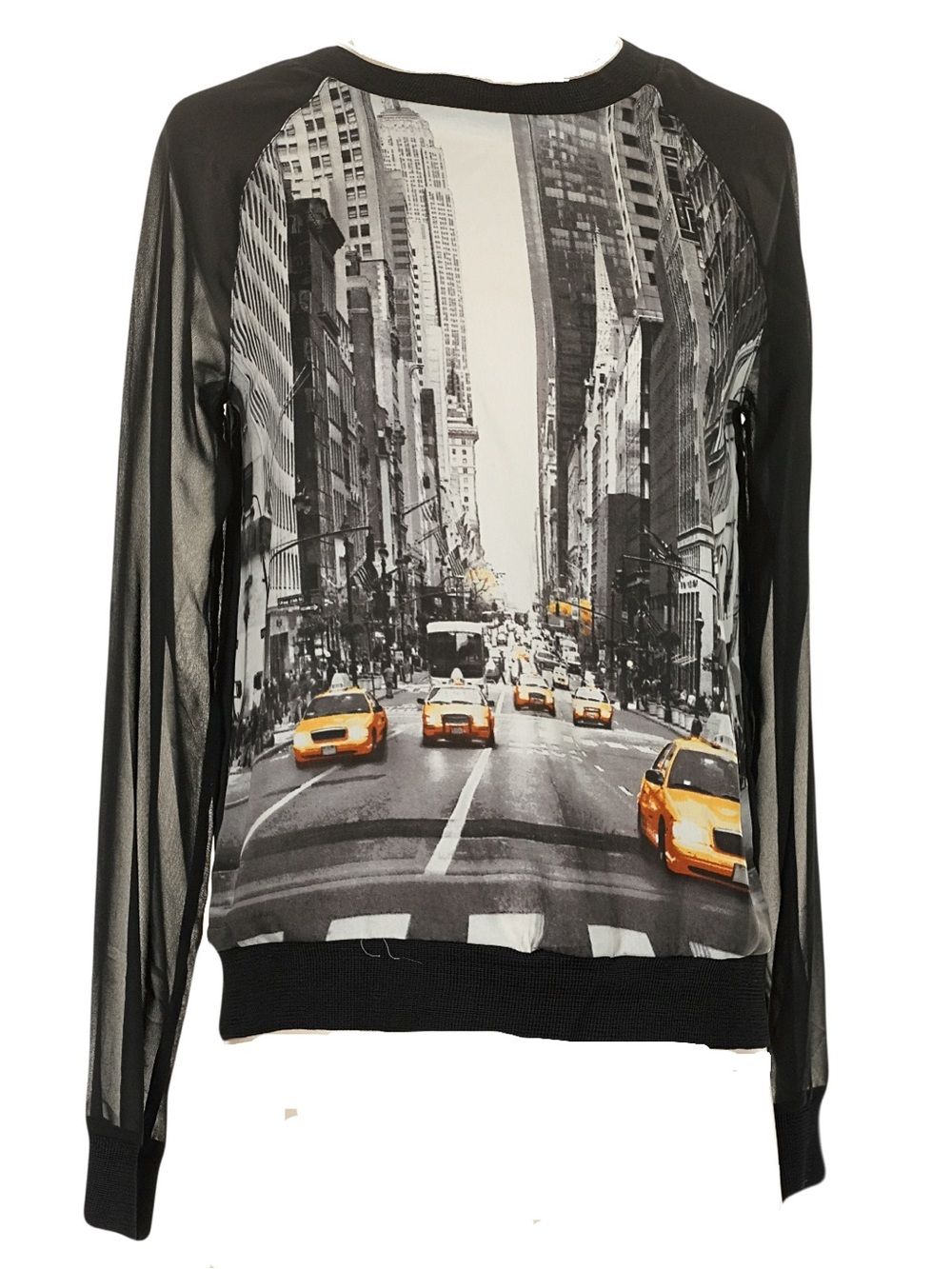Elie Tahari Black Crewneck with Yellow Taxi Fifth Avenue, New York City Print